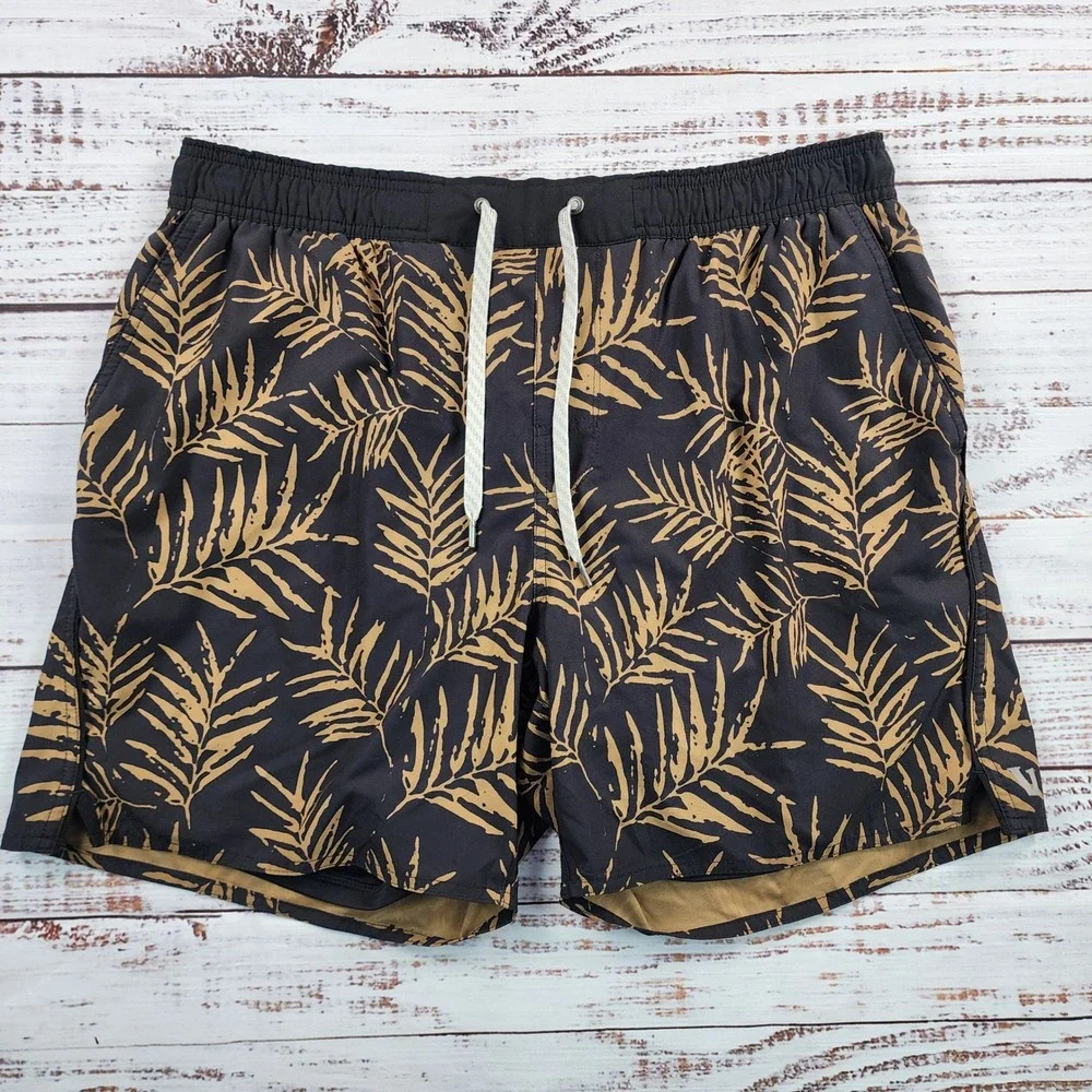 Vuori Trail Shorts 2.0 Mens L Black Tan Palm Print Lined Running
